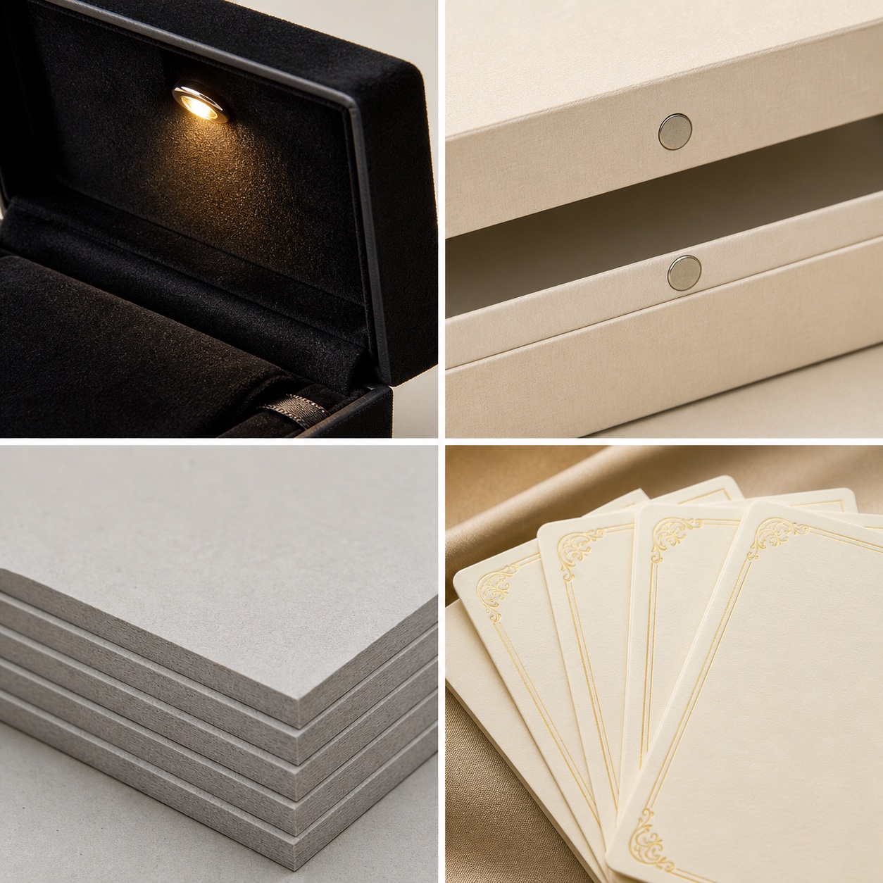 Luxury packaging components: LED module, concealed magnetic closure, greyboard, and scented paper inserts