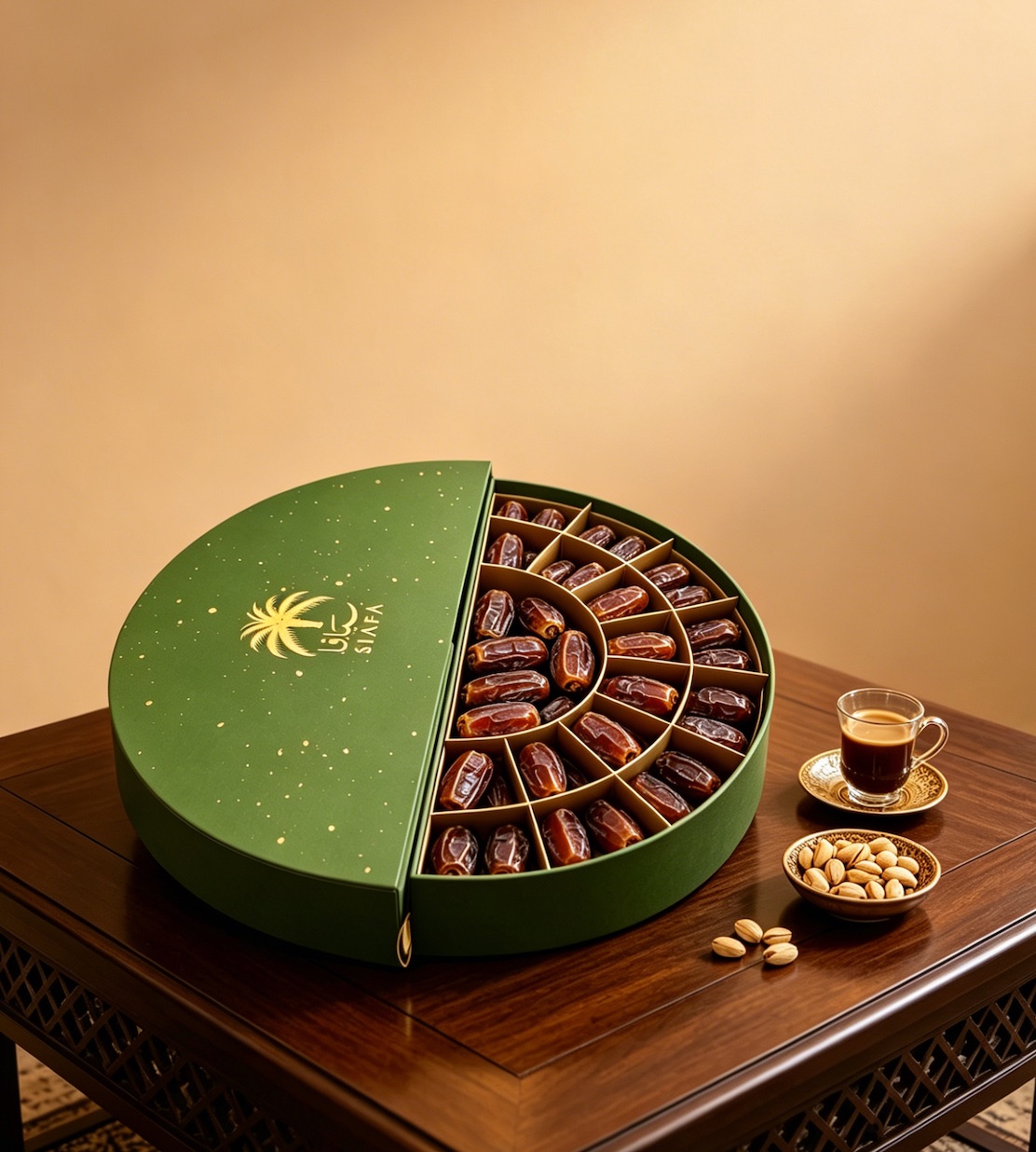 Custom green round date gift box with radial compartments for Ramadan and Eid