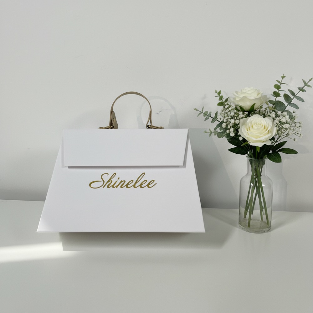 White Trapezoidal Leather Handle Folding Box Thumbnail 2
