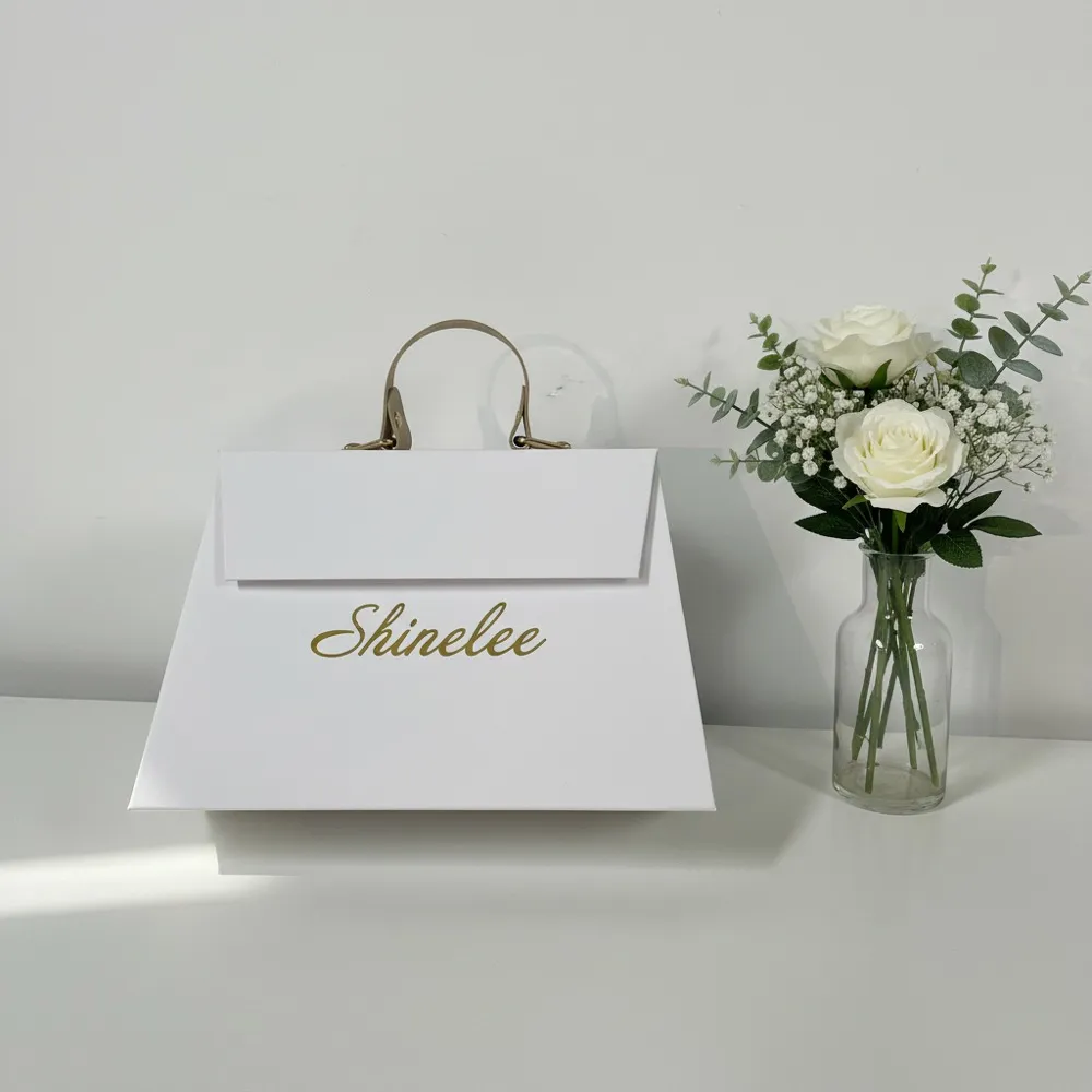 White Trapezoidal Leather Handle Folding Box Thumbnail 4