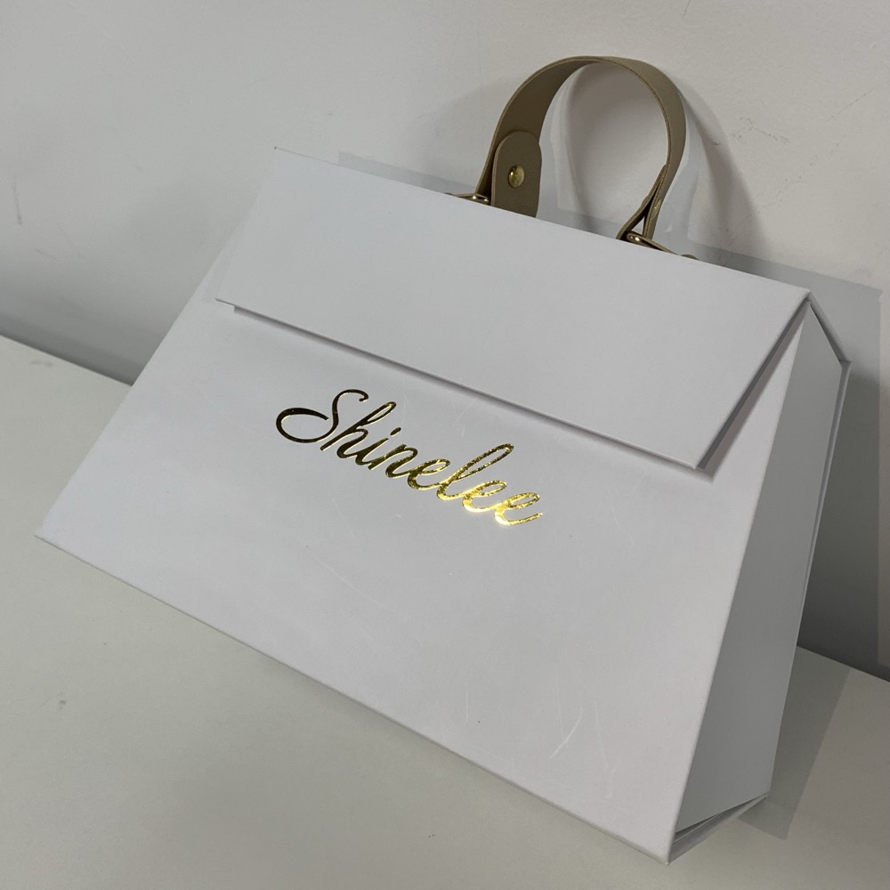 White Trapezoidal Leather Handle Folding Box Thumbnail 3