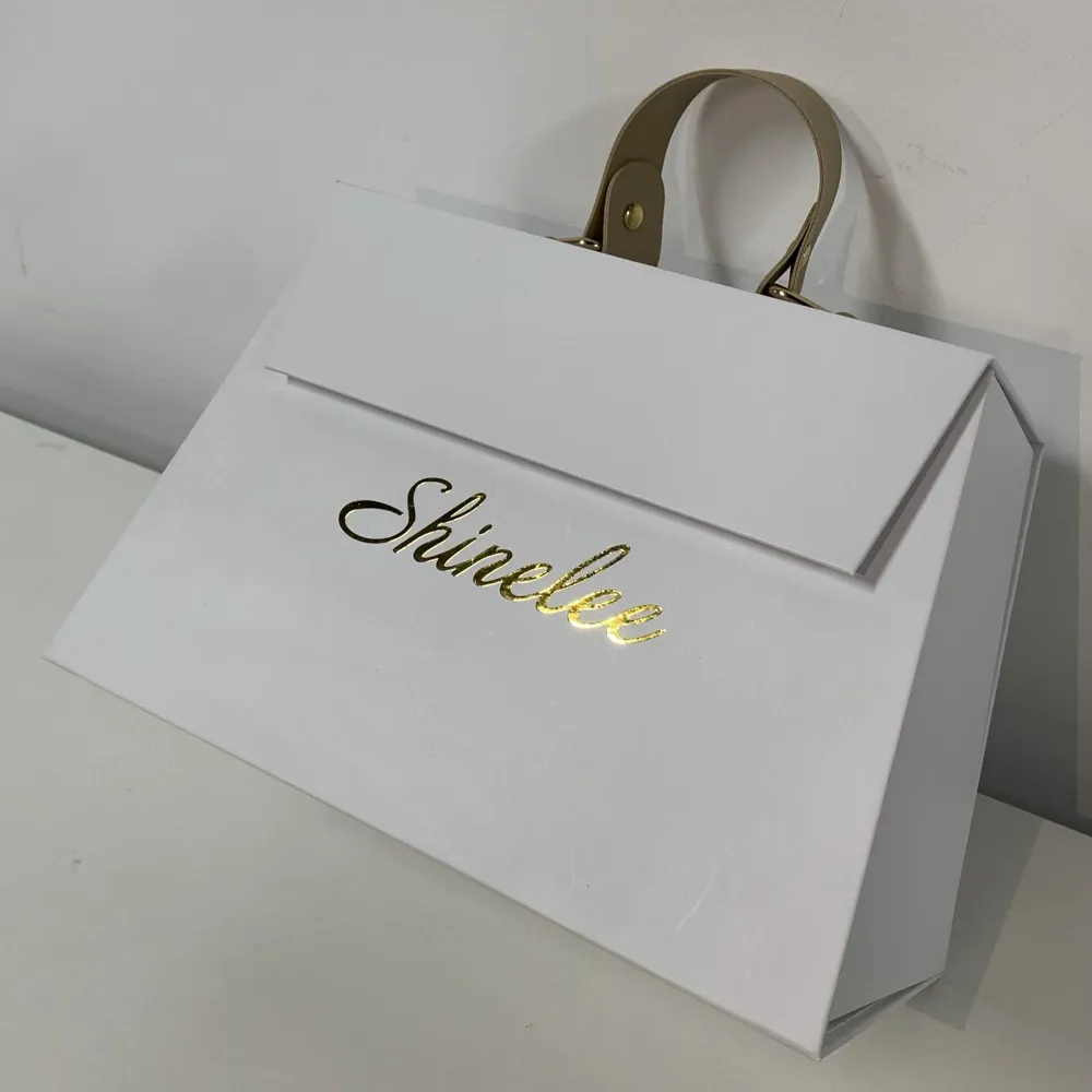 White Trapezoidal Leather Handle Folding Box Thumbnail 6
