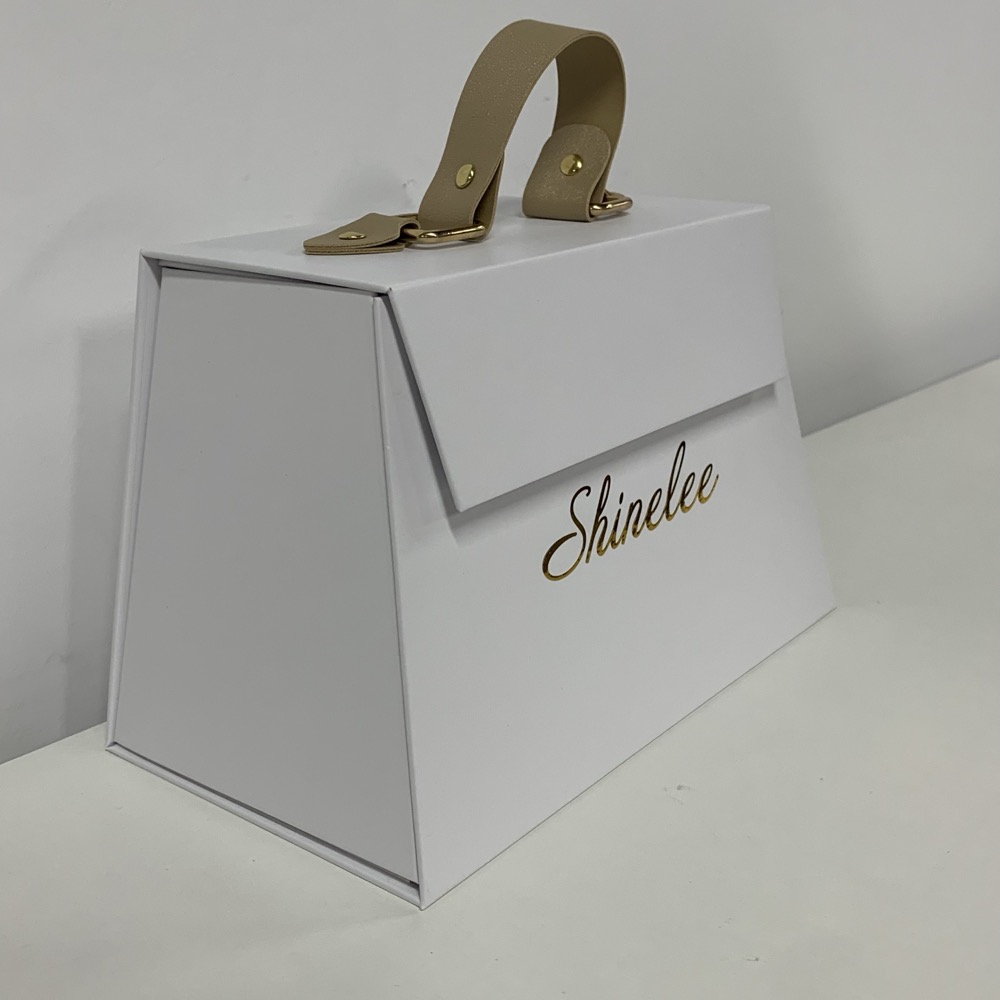 White Trapezoidal Leather Handle Folding Box Thumbnail 9