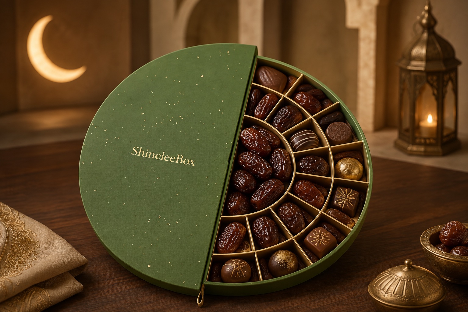 Custom green 1kg half-moon date gift box with radial compartments for Ramadan