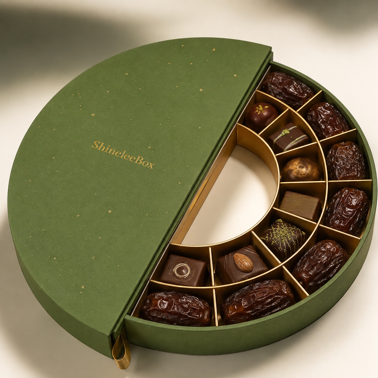 Detail of gold radial compartments inside a custom half-moon date and chocolate gift box