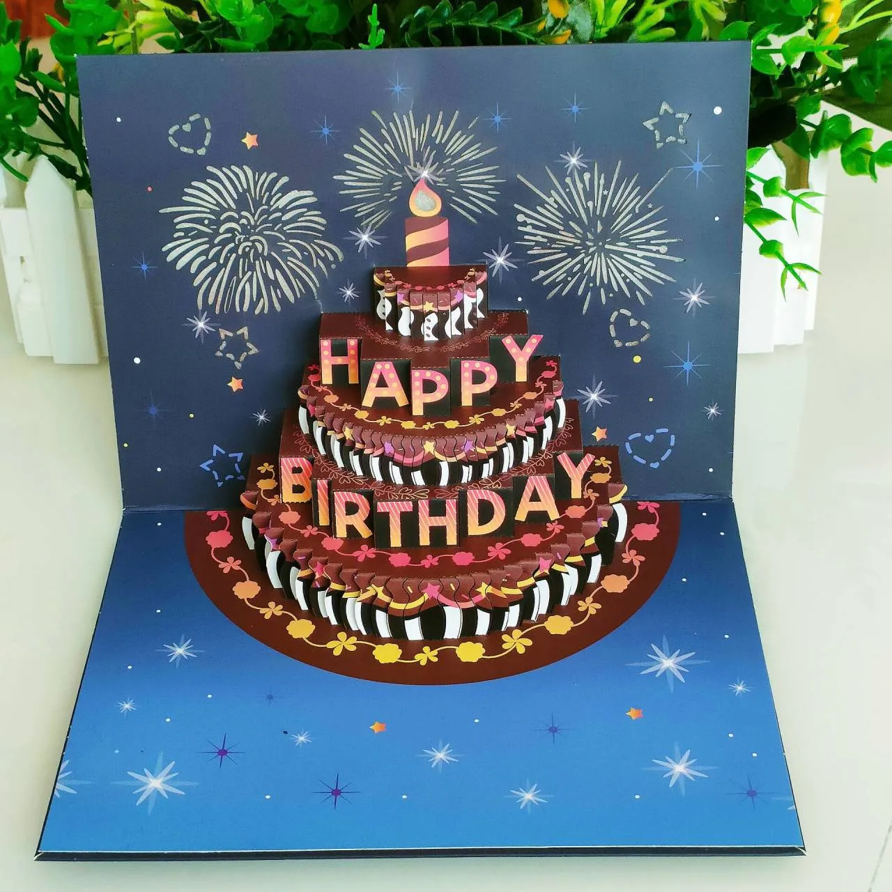 3D Pop-Up Music and Light Birthday Cake Card - Starry Night Thumbnail 2
