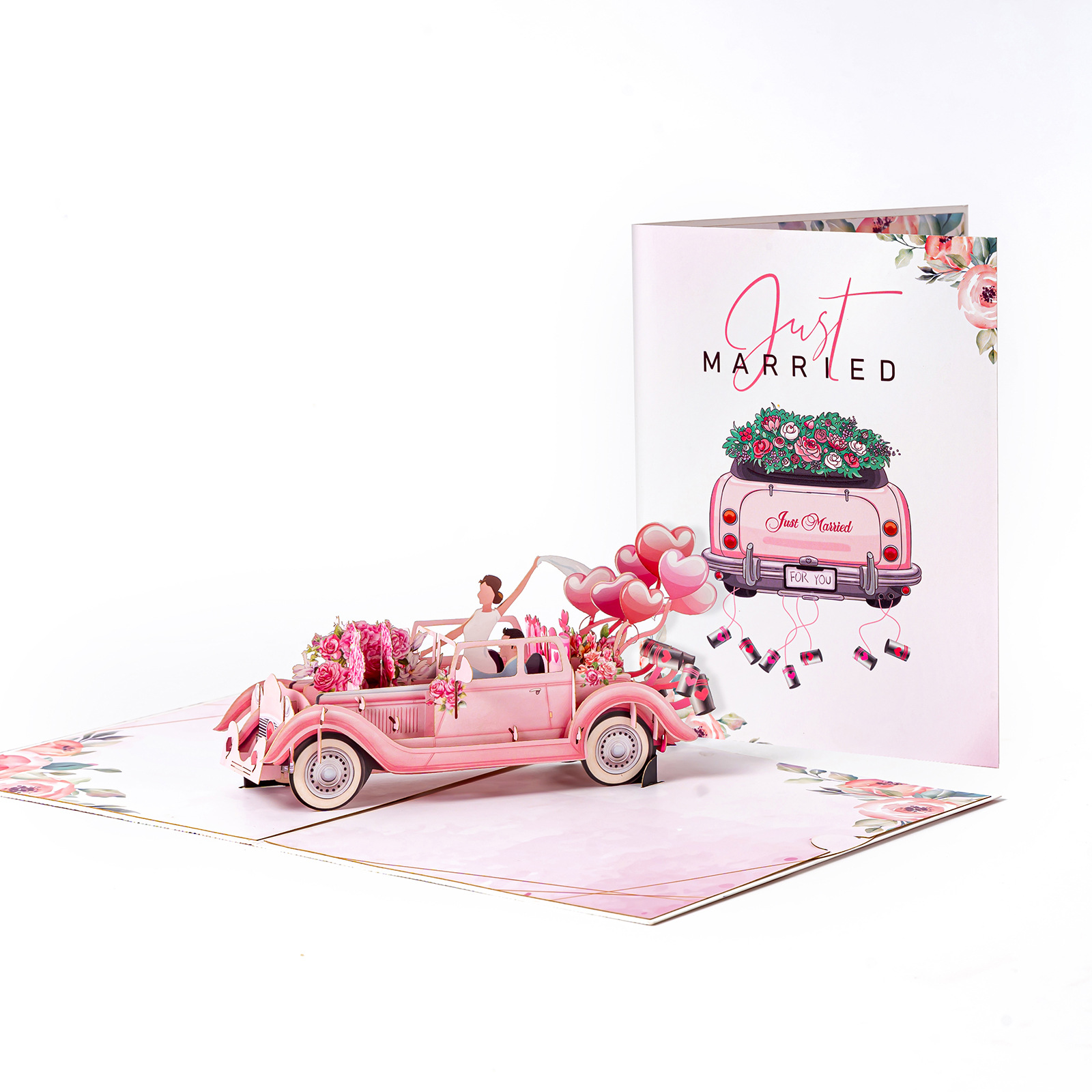 Creative 3D Pop-Up Floral Wedding Car Greeting Card