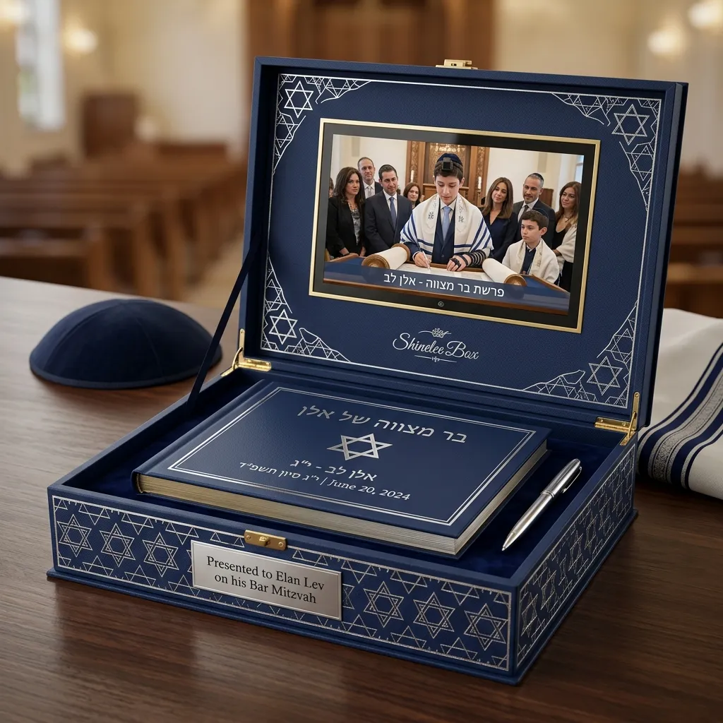 Navy Blue Jewish Bar Mitzvah Keepsake Box with 7 Inch LCD Thumbnail 2