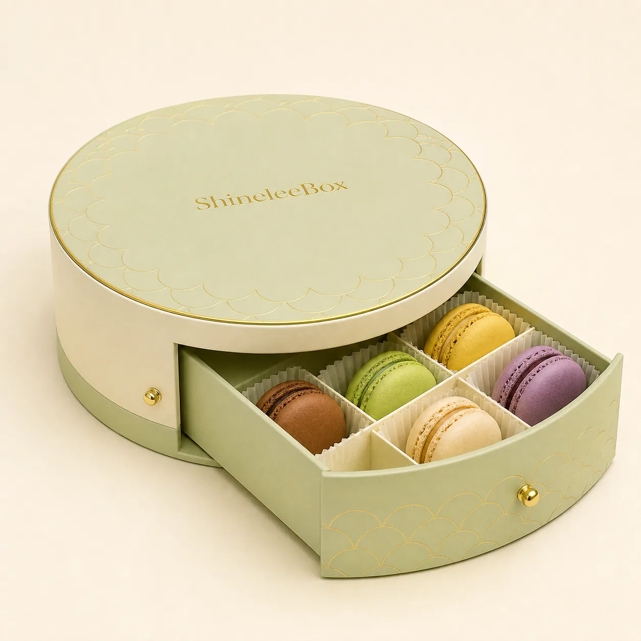 Round Macaron Gift Box with Curved Drawer by ShineleeBox